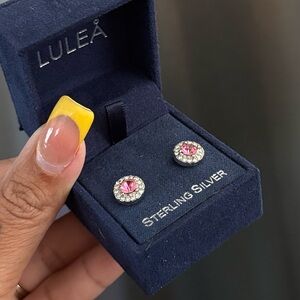 Sterling Silver Pink Crystal Halo Stud Earrings